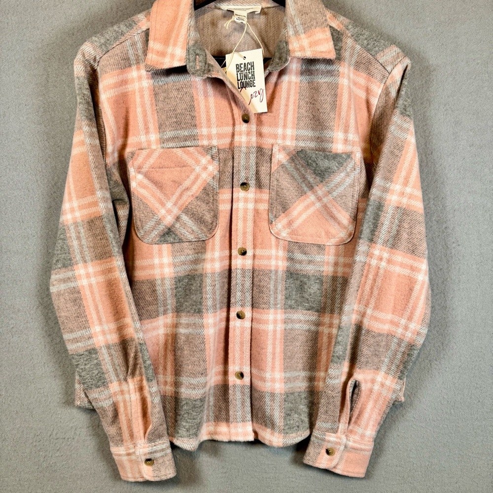 NWT-BeachLunchLounge Women's Plaid Button Down Shirt in Pink and Gray-XS